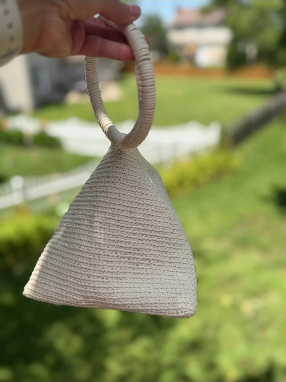 Hand Crafted Cream Woven Triangle Wristlet with Wrapped Ring Handle